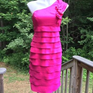 London Times rose pink cascading ruffles dress